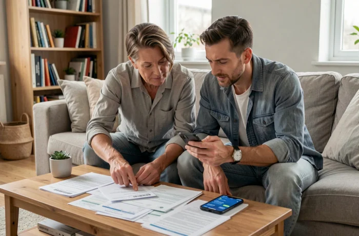 Couple reviewing their finances and bills together on a couch in a modern living room