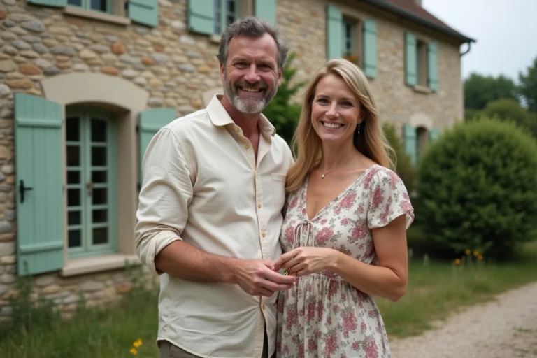 Couple tenant des clés devant une maison en pierre traditionnelle du Pays de Retz avec volets en bois verts