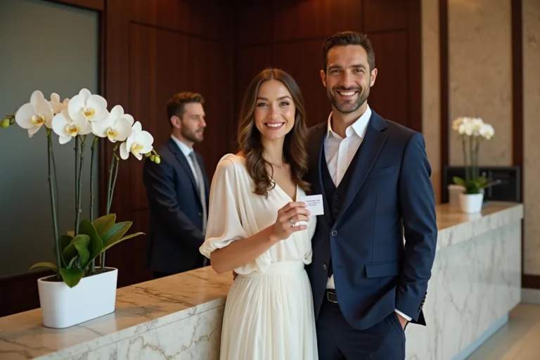 Couple de mariés souriants à la réception d'un hôtel de luxe lors de leur lune de miel