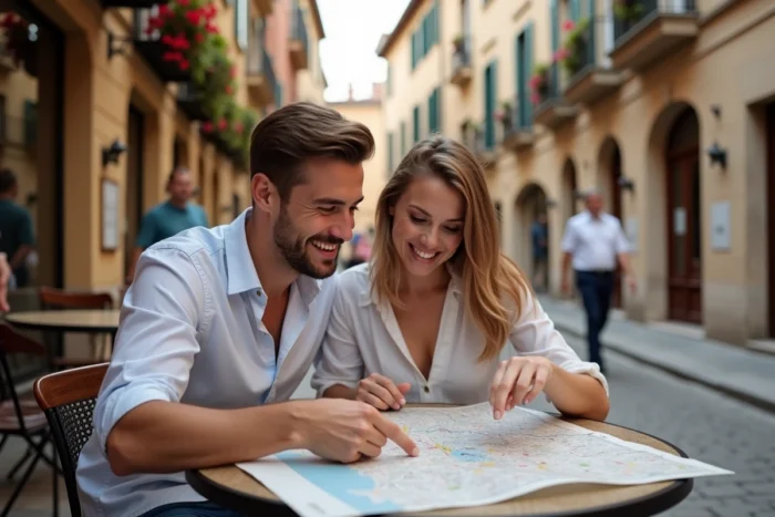 Couple de voyageurs planifiant un itinéraire sur une carte dans un café de rue européen
