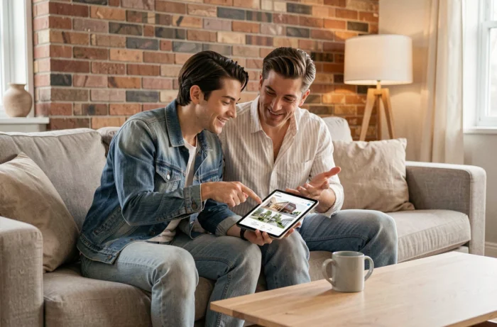 Couple consultant des annonces de location immobilière sur une tablette dans leur salon