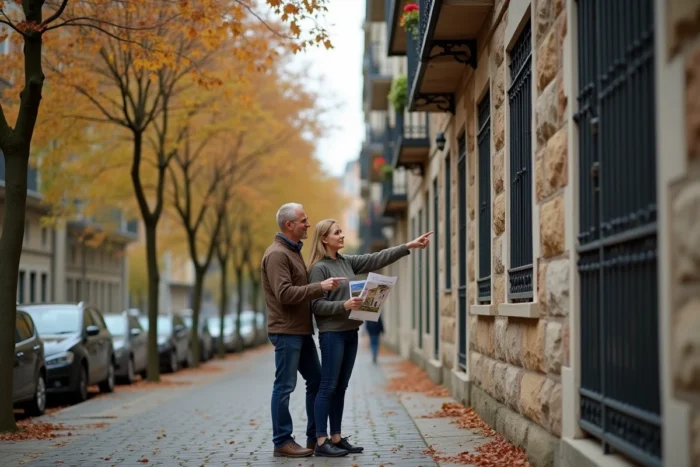 Couple visitant un immeuble en pierre dans une rue pavée pour un projet d'investissement immobilier en 2024