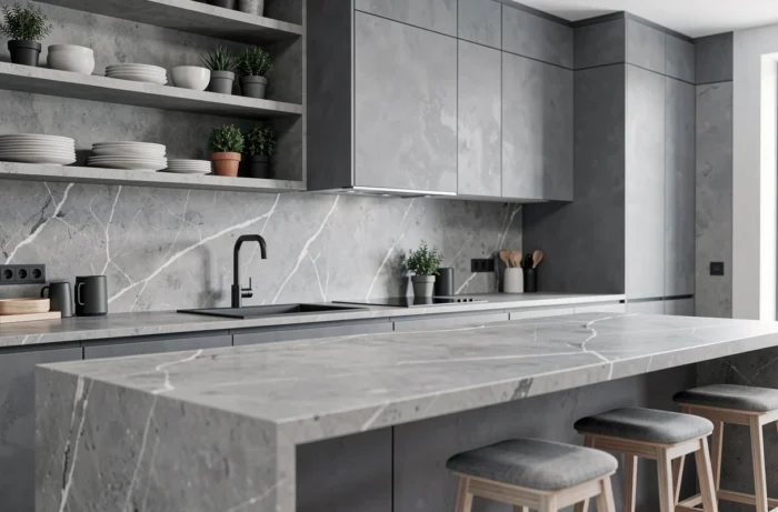 Cuisine moderne aux armoires gris ardoise mat, plan de travail en marbre gris veiné et accessoires en céramique blanche et noire