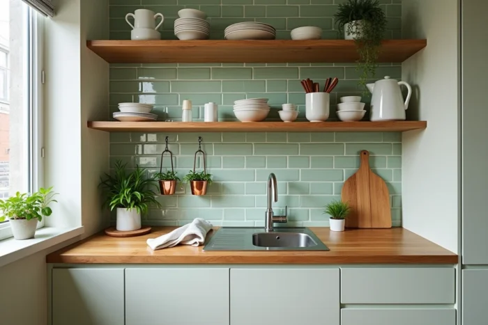 Petite cuisine urbaine décorée avec des étagères ouvertes, des pots en cuivre et des plantes aromatiques