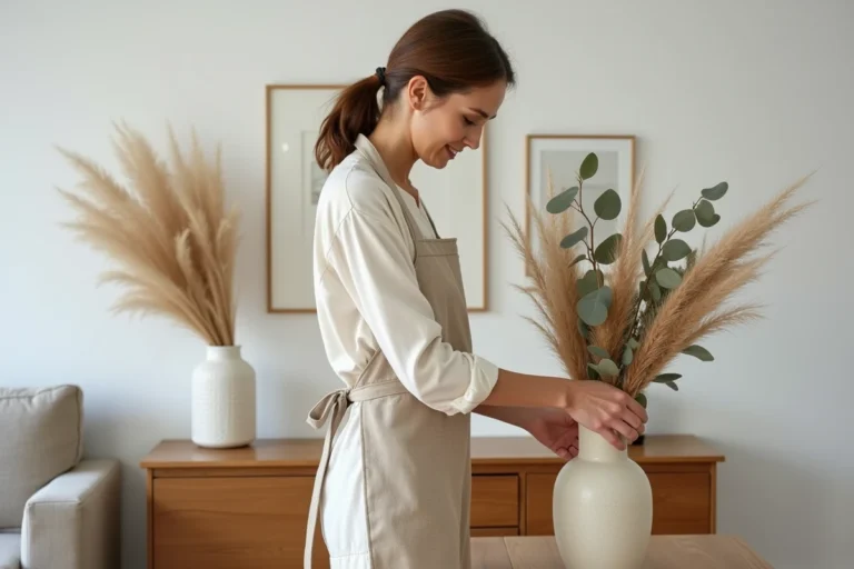 Femme arrangeant un bouquet de pampa dans un vase en céramique sur un meuble en chêne dans un salon décoré avec soin