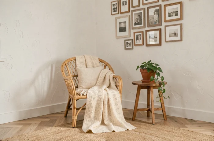 Coin salon décoré avec style à petit budget : fauteuil en rotin, plante verte et mur de cadres vintages