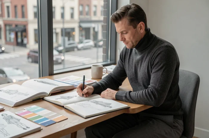Designer masculin esquissant des silhouettes de mode dans un espace de travail contemporain