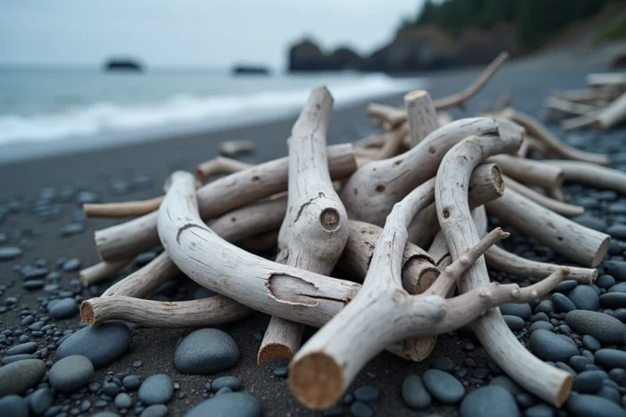 Gros plan sur des pièces de bois flotté texturées sur une plage de galets à marée basse
