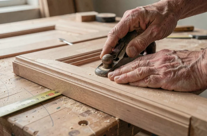 Gros plan des mains d'un menuisier rabotant un panneau de porte sculpté en bois massif