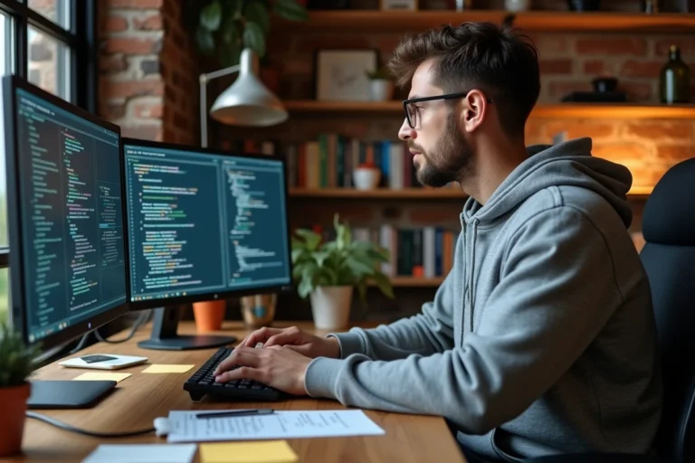 Développeur open source travaillant sur du code dans un bureau indépendant avec deux écrans affichant des dépôts GitHub