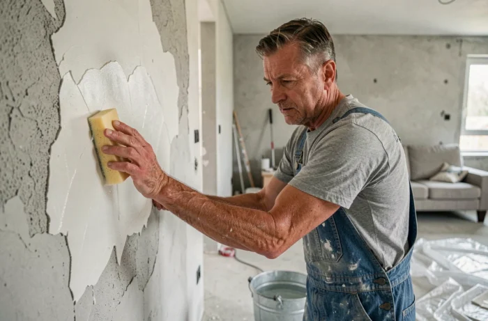 Homme appliquant une éponge humide sur de l'enduit sec sur un mur lors de travaux de rénovation intérieure