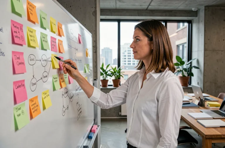 Femme d'affaires élaborant un plan marketing sur un tableau blanc avec des notes adhésives colorées dans un bureau moderne