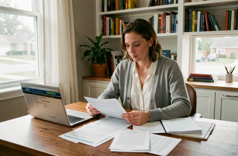 Femme consultant des offres d'emploi dans l'éducation à domicile depuis son bureau à la maison