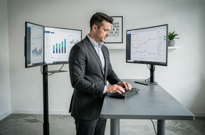 Entrepreneur concentré travaillant sur ses tableaux de bord financiers pour piloter la croissance de son entreprise en 2024