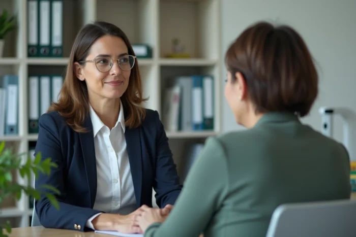 Une assistante sociale et une candidate à l'adoption discutent des conditions et de l'âge maximal requis pour adopter un enfant en France dans un bureau administratif