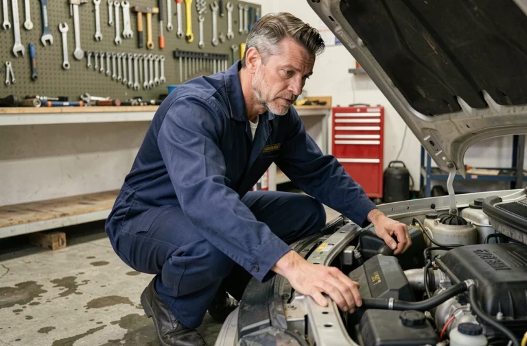 Mécanicien amateur inspectant le moteur de sa voiture dans un garage privé bien organisé