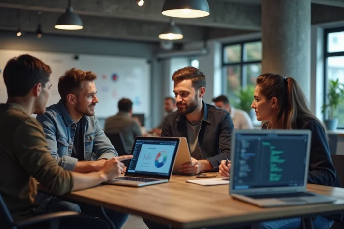 Équipe de professionnels collaborant sur des projets open source dans un espace de coworking moderne avec des ordinateurs portables