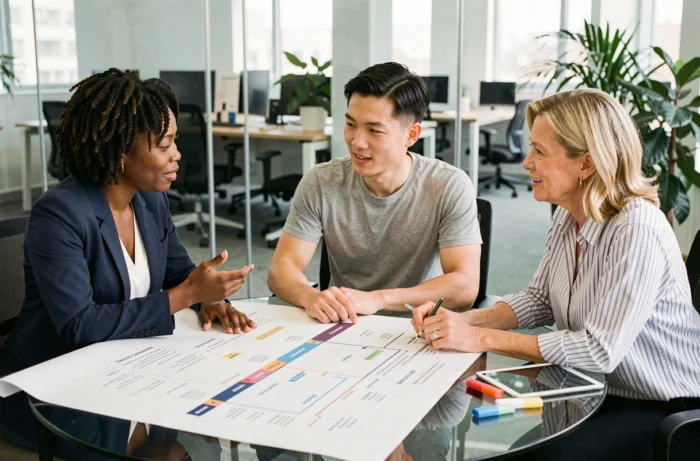 Équipe marketing en réunion collaborative autour d'une feuille de route stratégique dans un espace de coworking moderne