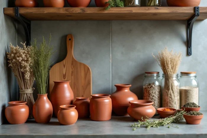 Étagère de cuisine décorée avec des pots en terre cuite artisanaux, des herbes séchées et des bocaux en verre vintage