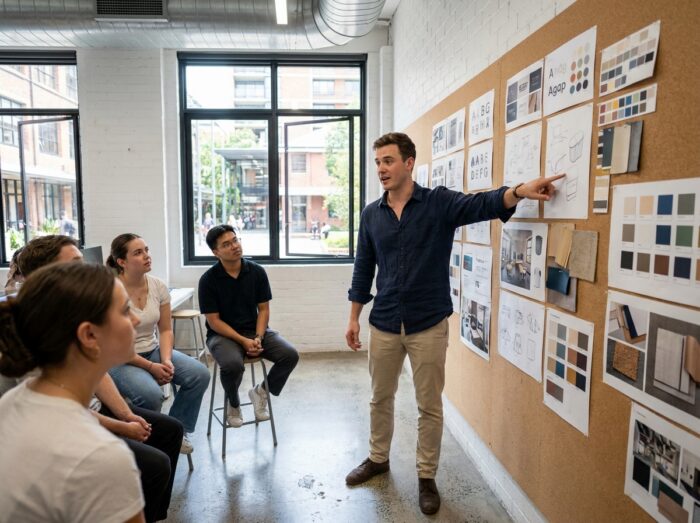 Étudiant en prépa design présentant ses planches de conception lors d'une session de critique en école