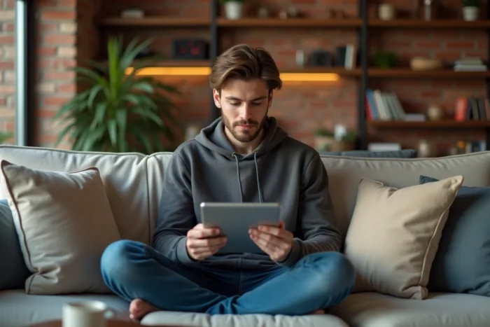 Étudiant utilisant une tablette pour accéder à des plateformes légales de contenu numérique depuis son salon
