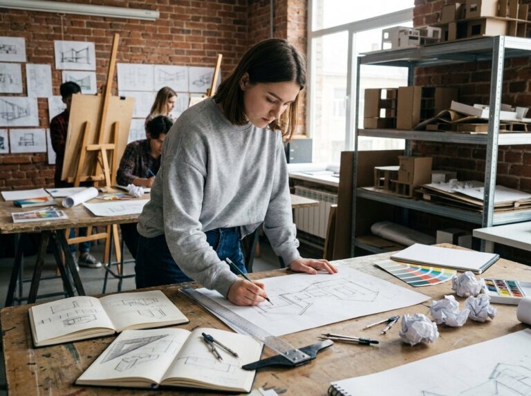 Étudiante en année préparatoire design travaillant sur des esquisses architecturales dans un atelier d'école de design