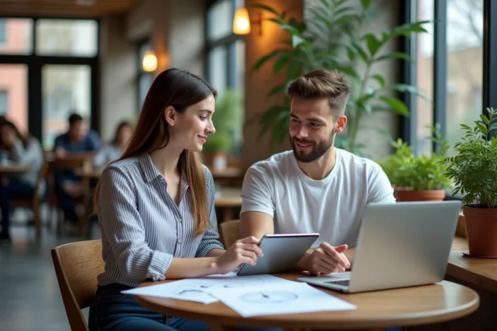 Deux étudiants collaborant sur des outils de gestion de projet en ligne dans un café universitaire moderne avec tablette et ordinateur portable