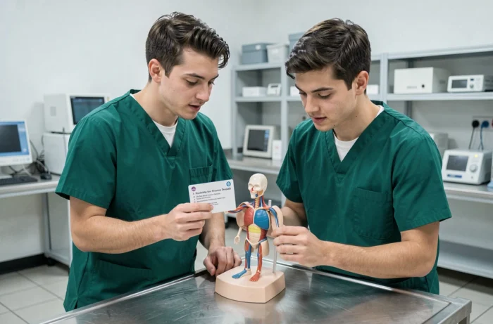 Deux étudiants en médecine travaillant ensemble sur un modèle anatomique en laboratoire clinique