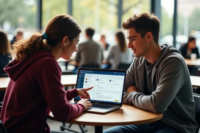 Deux étudiants en alternance consultant ensemble le portail extranet PSB dans la cafétéria du campus