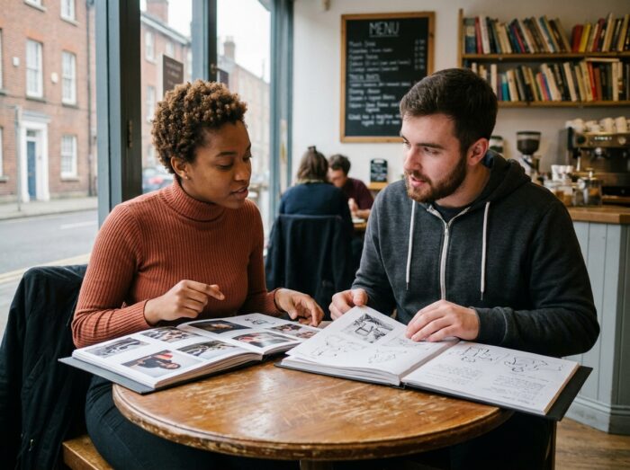 Deux étudiants en année préparatoire design comparant leurs portfolios dans un café proche de leur école