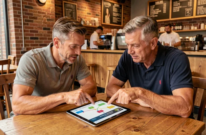 Two men exploring the ABC Sports sitemap page together on a tablet in a café