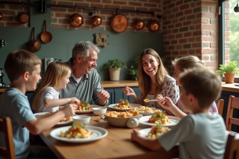 Famille recomposée réunie autour d'un petit-déjeuner convivial dans une cuisine chaleureuse