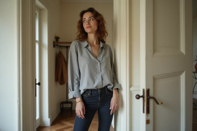 Jeune femme française d'1m55 debout dans un couloir hausssmannien parisien, illustrant la perception de la taille en France