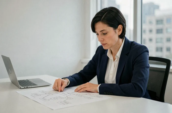 Femme professionnelle analysant un plan de site imprimé sur un bureau moderne dans un bureau en open space