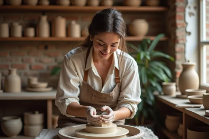 Femme faisant de la poterie dans un atelier de céramique artisanale, activité créative et relaxante