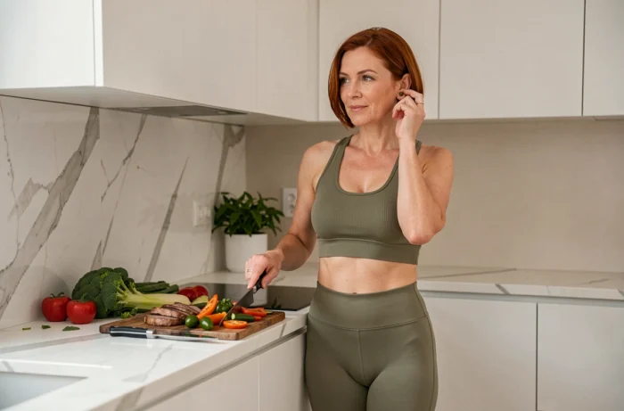 Femme pratiquant l'auriculothérapie pour maigrir en cuisinant un repas sain et équilibré à la maison