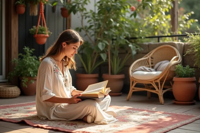 Jeune femme bohème lisant sur un tapis persan dans un espace extérieur éclectique avec plantes et macramé