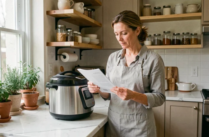 Femme choisissant un équipement de cuisine multifonction dans une cuisine moderne