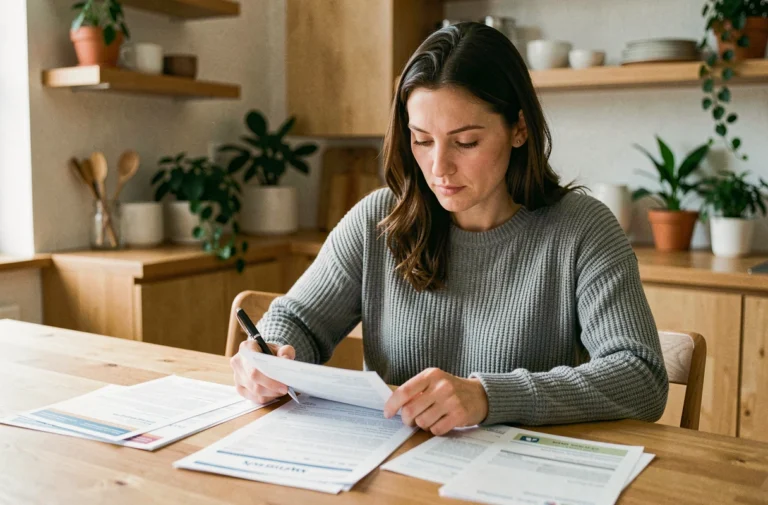 Femme comparant des offres d'assurance auto à domicile, entourée de documents et brochures d'assurances sur une table en bois
