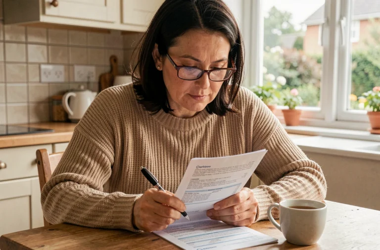 Femme de 45 ans comparant des offres de mutuelle santé à la table de sa cuisine avec des documents imprimés