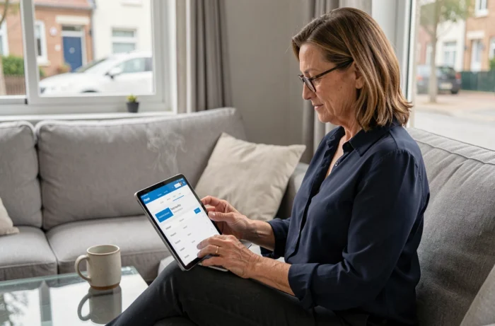 Femme gérant son compte Free sur une tablette depuis son salon pour régulariser une facture impayée