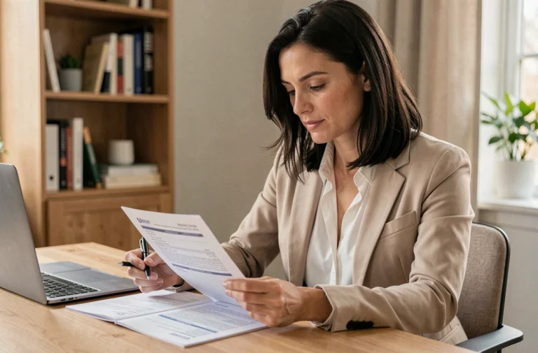 Femme consultant des documents de crédit à son bureau à domicile, stylo en main, pour comparer différentes solutions de financement