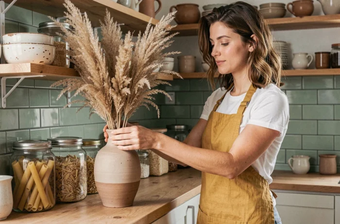 Femme arrangeant des herbes de pampa dans un vase en céramique pour une déco tendance faite maison