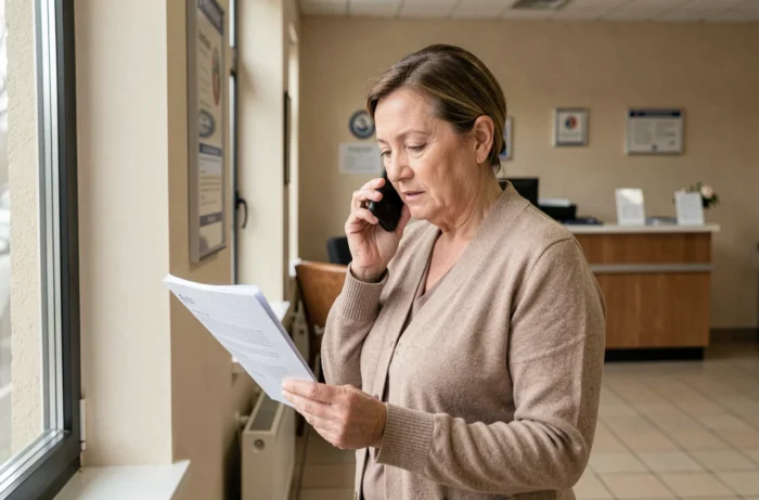 Femme consultant un document administratif tout en appelant le numéro gratuit de l'ANTS dans un hall administratif