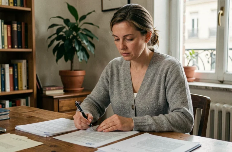 Femme consultant des documents administratifs CPAM à son bureau à domicile lors d'un arrêt de travail