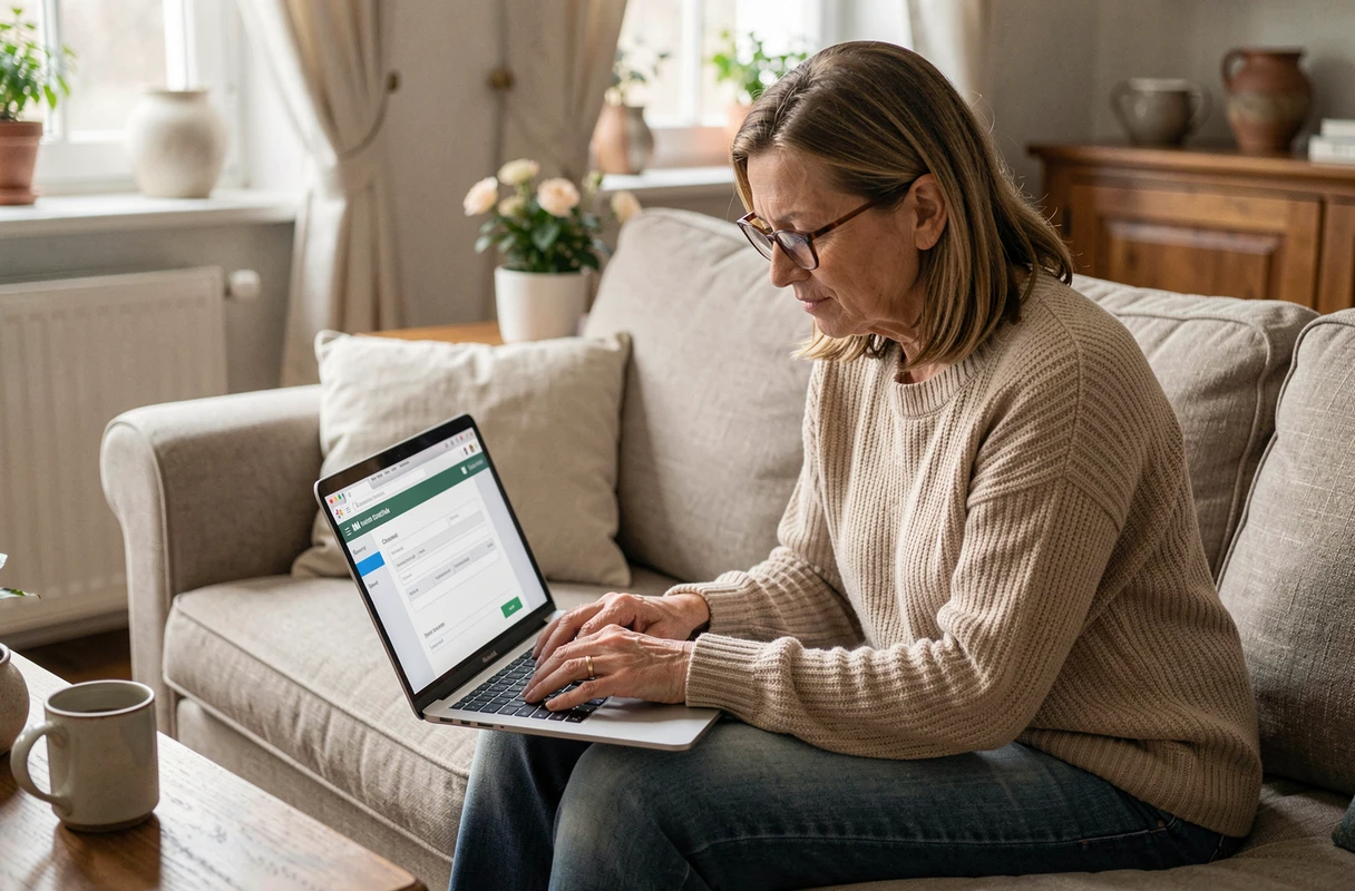 Femme remplissant un formulaire CPAM en ligne depuis chez elle pendant son arrêt de travail