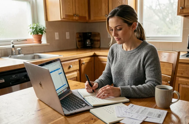 Femme gérant son budget personnel sur un ordinateur portable à une table de cuisine en bois avec un carnet de notes et des reçus