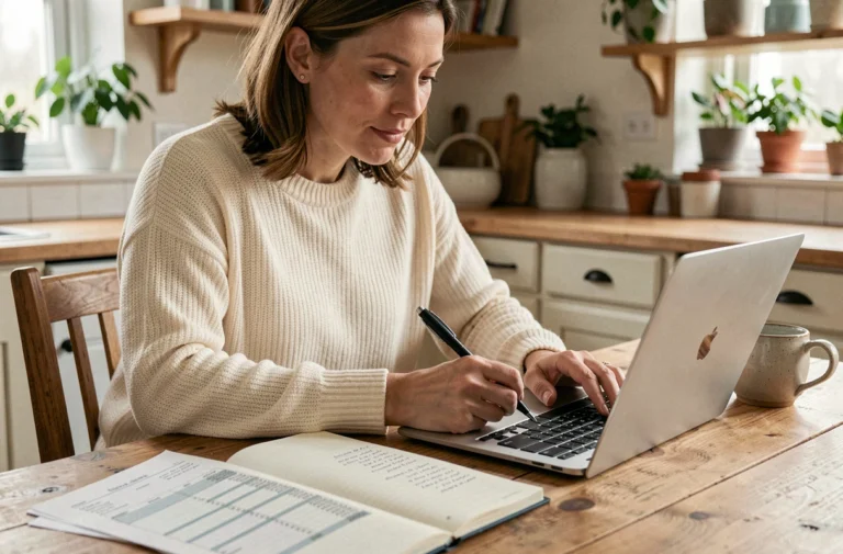 Femme gérant son budget personnel sur un ordinateur portable à la table de cuisine avec un carnet de notes et un café