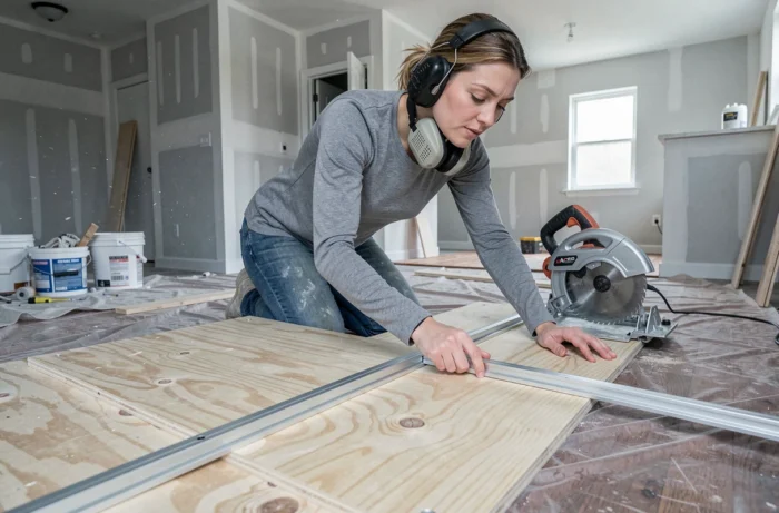 Femme utilisant un guide de coupe pour aligner une scie circulaire sur un panneau de contreplaqué lors d'une rénovation intérieure