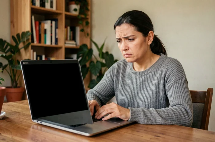 Femme frustrée devant un laptop Lenovo avec écran noir sur un bureau en bois à domicile